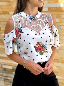 Cold Shoulder Mesh Insert Floral Print Blouse Size S - XL
