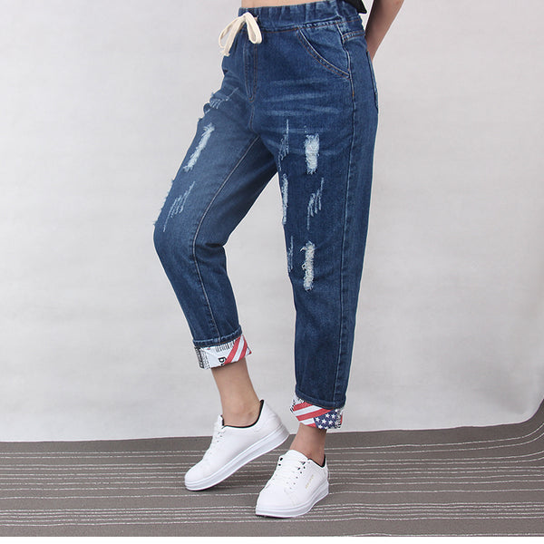 Ripped Boyfriend Cotton Drawstring Jeans