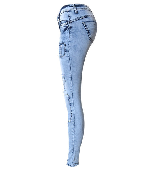 Women's Low Waist Sky Blue Patchwork Skinny  Denim  Jeans - Size  34 to 44