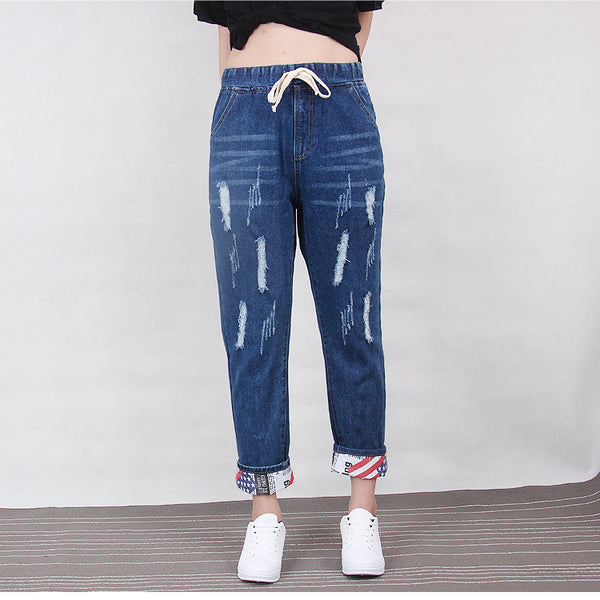 Ripped Boyfriend Cotton Drawstring Jeans