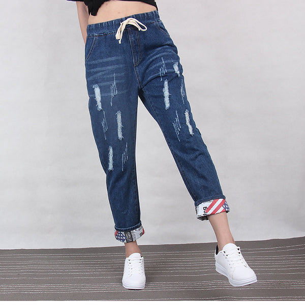 Ripped Boyfriend Cotton Drawstring Jeans