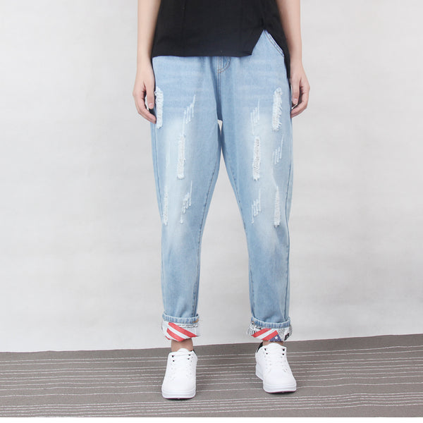 Ripped Boyfriend Cotton Drawstring Jeans