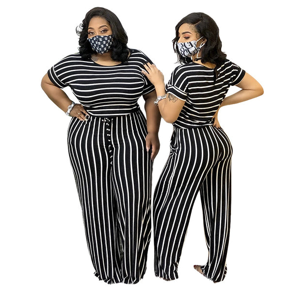 Women Casual Stripe Siamese Trousers Soft Leisure Loose Jumpsuit Size S - 5XL