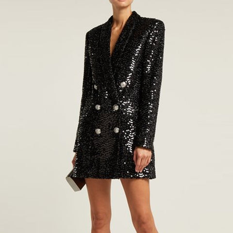 Double Lion Buttons Shawl Collar Glitter Sequined Long  Blazers- Color - Black  - Size  S to XL