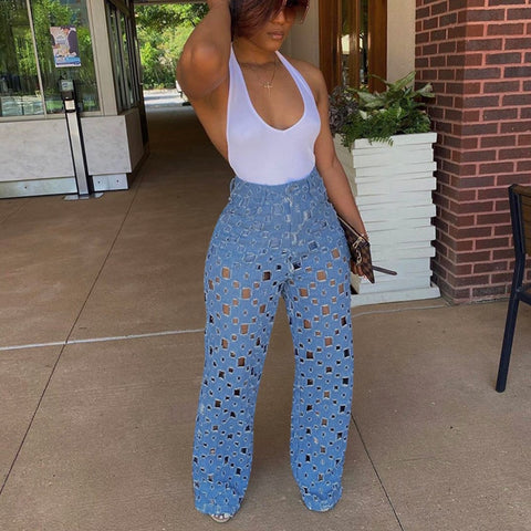 Vintage Hole High Waist Wide Leg Denim Jeans Size S - XXL