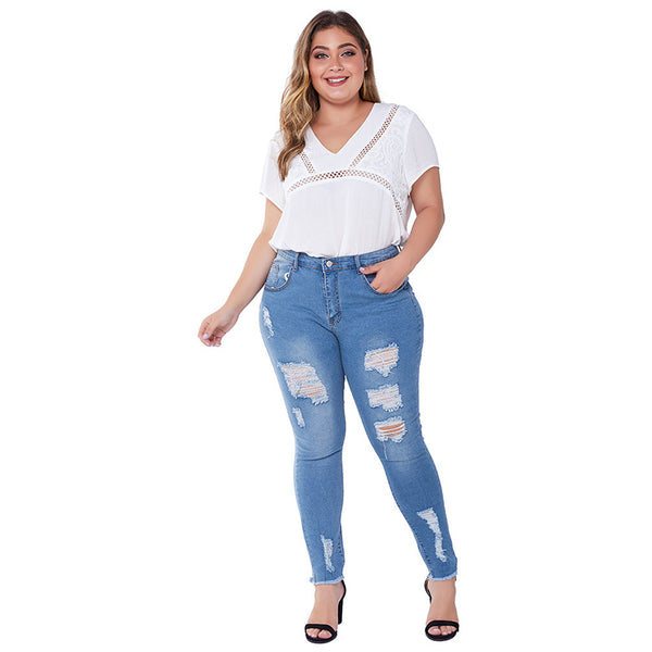 Sculpted Comfort: Plus Size Ripped Skinny Jeans with Stretch for Women