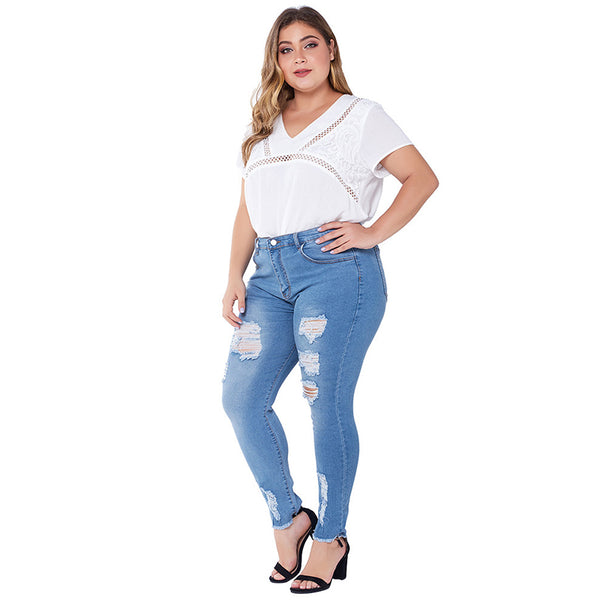 Sculpted Comfort: Plus Size Ripped Skinny Jeans with Stretch for Women