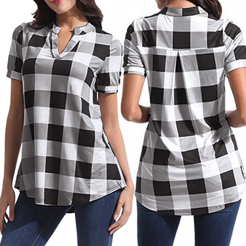 Women Casual Plaid Printed Short Sleeve V-Neck Irregular Hem Blouse T-Shirt Tops Size S - 5XL