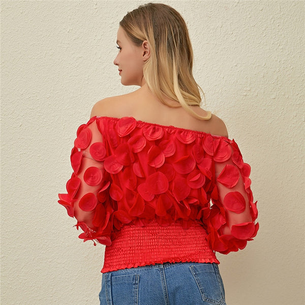 Sexy Off Shoulder Flower Vintage Mesh Sheer Puff Sleeve Blouses