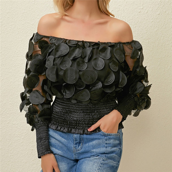 Sexy Off Shoulder Flower Vintage Mesh Sheer Puff Sleeve Blouses