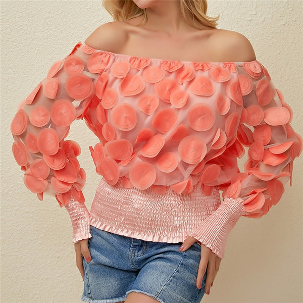 Sexy Off Shoulder Flower Vintage Mesh Sheer Puff Sleeve Blouses