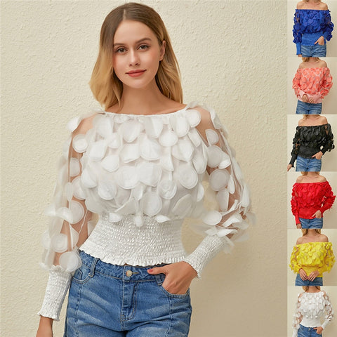 Sexy Off Shoulder Flower Vintage Mesh Sheer Puff Sleeve Blouses