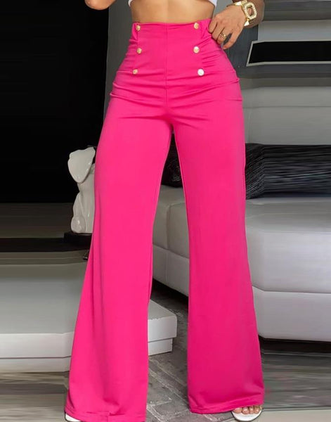 Buttoned Elegance: High-Waist Wide Leg Summer Pants for Effortless Chic