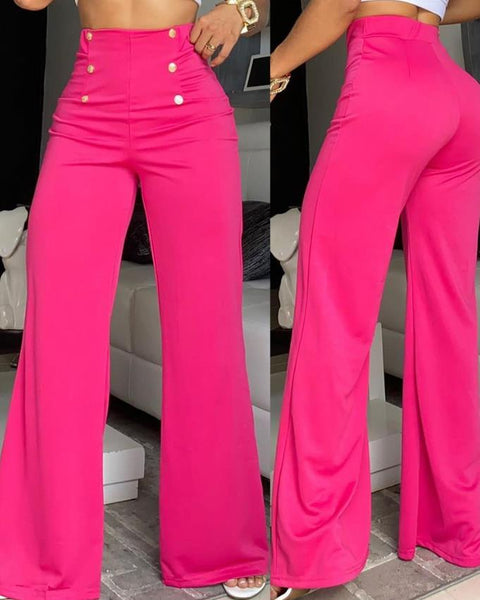 Buttoned Elegance: High-Waist Wide Leg Summer Pants for Effortless Chic