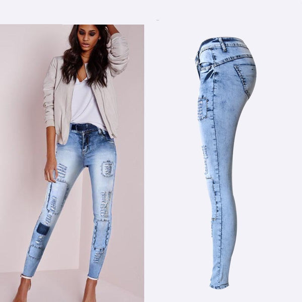 Women's Low Waist Sky Blue Patchwork Skinny  Denim  Jeans - Size  34 to 44