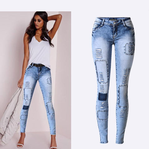 Women's Low Waist Sky Blue Patchwork Skinny  Denim  Jeans - Size  34 to 44