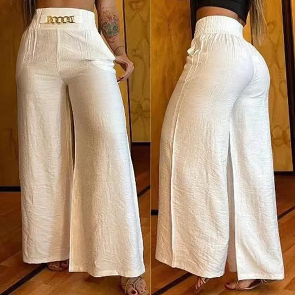 Chic Chain Accent: High-Waisted Wide Leg Summer Pants with Pocket Detail