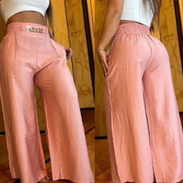 Chic Chain Accent: High-Waisted Wide Leg Summer Pants with Pocket Detail