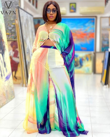 Vibrant Chic: V-Neck Colorful Print 2-Piece Set