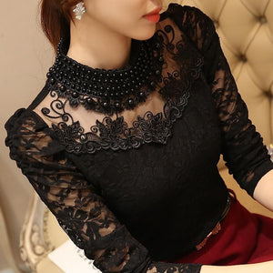 Long Sleeve Lace Beaded Openwork Blouse Size S - XXXL