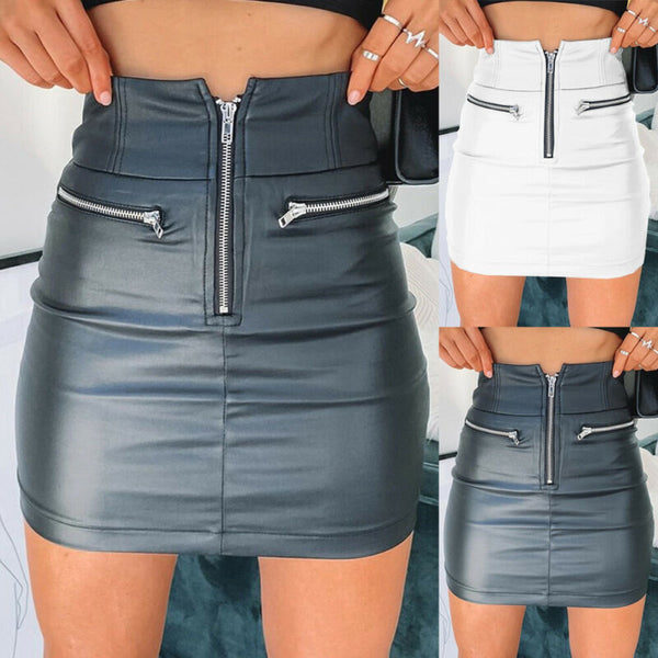 High Waist PU Leather Zipper Mini Skirt Size S - XXL