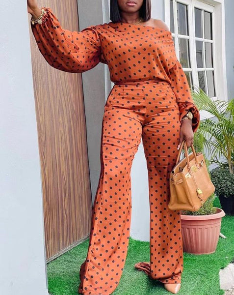 Polka Dot Elegance: Lantern Sleeve Top & Pants Two-Piece Set – A New Fashion Statement