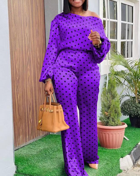 Polka Dot Elegance: Lantern Sleeve Top & Pants Two-Piece Set – A New Fashion Statement