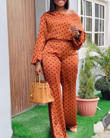 Polka Dot Elegance: Lantern Sleeve Top & Pants Two-Piece Set – A New Fashion Statement