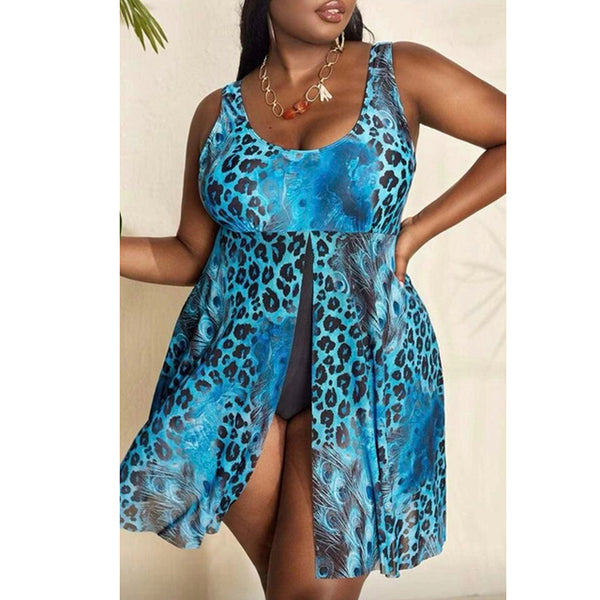 Flying Cheetah Print Scoop Neck Push Up One Piece Swimsuit Skirt