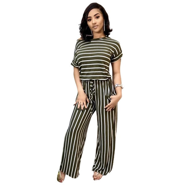 Women Casual Stripe Siamese Trousers Soft Leisure Loose Jumpsuit Size S - 5XL