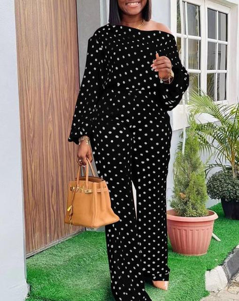 Polka Dot Elegance: Lantern Sleeve Top & Pants Two-Piece Set – A New Fashion Statement