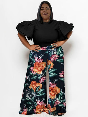 Flared Harmony: Plus Size Spring-Summer Co-ord Set with Wide Sleeved Blouse and Loose Pants