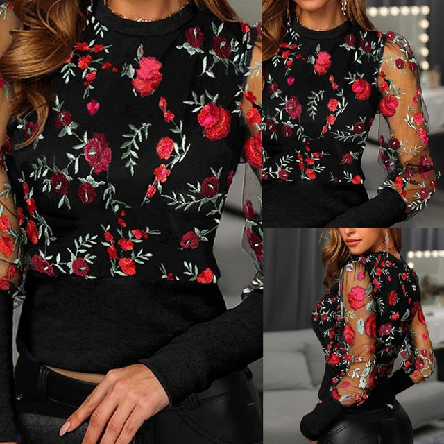 Mesh Embroidered Floral Long Sleeve Blouse Size S - XXL