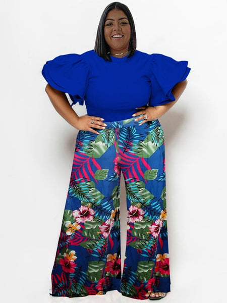 Flared Harmony: Plus Size Spring-Summer Co-ord Set with Wide Sleeved Blouse and Loose Pants