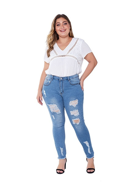 Sculpted Comfort: Plus Size Ripped Skinny Jeans with Stretch for Women