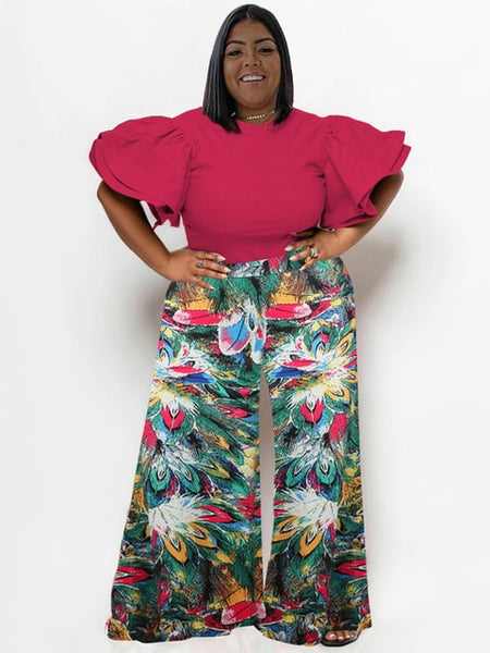 Flared Harmony: Plus Size Spring-Summer Co-ord Set with Wide Sleeved Blouse and Loose Pants