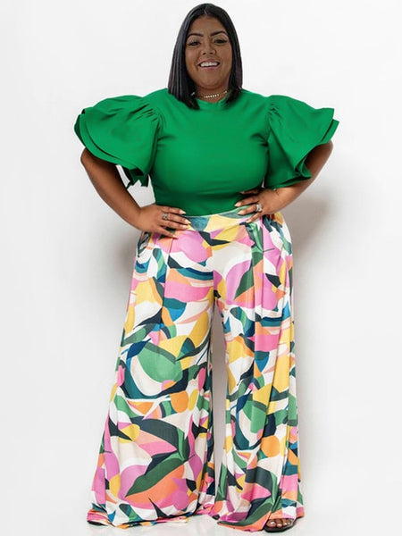 Flared Harmony: Plus Size Spring-Summer Co-ord Set with Wide Sleeved Blouse and Loose Pants