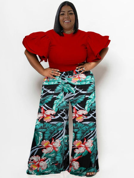 Flared Harmony: Plus Size Spring-Summer Co-ord Set with Wide Sleeved Blouse and Loose Pants