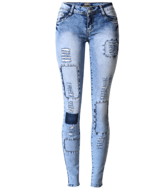 Women's Low Waist Sky Blue Patchwork Skinny  Denim  Jeans - Size  34 to 44