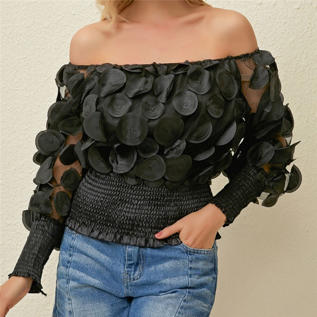 Sexy Off Shoulder Flower Vintage Mesh Sheer Puff Sleeve Blouses