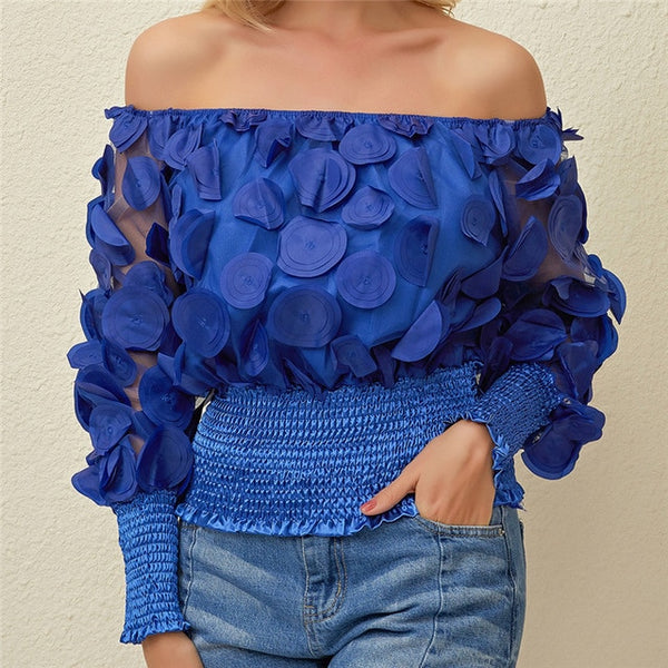 Sexy Off Shoulder Flower Vintage Mesh Sheer Puff Sleeve Blouses