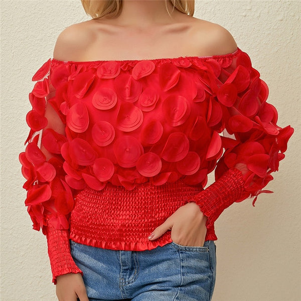 Sexy Off Shoulder Flower Vintage Mesh Sheer Puff Sleeve Blouses