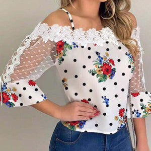 Cold Shoulder Mesh Insert Dots Floral Print Blouse Size S - XL