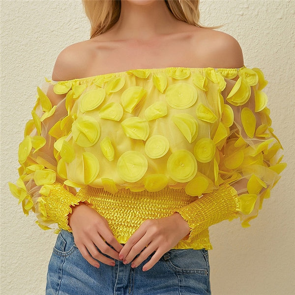 Sexy Off Shoulder Flower Vintage Mesh Sheer Puff Sleeve Blouses